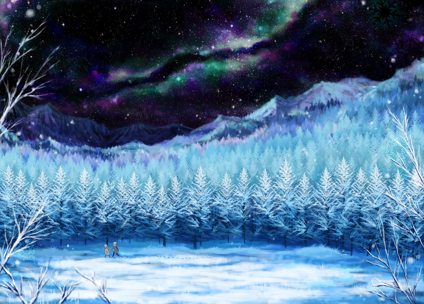 1girl blonde_hair coat footprints forest holding_hands mountain nature night night_sky original scarf scenery setsuri_(tubaki) sky snow snowflakes snowing star_(sky) starry_sky tree winter