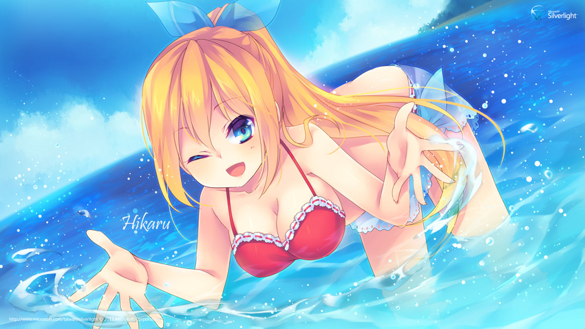 ;d aizawa_hikaru bent_over bikini blonde_hair blue_eyes breasts cleavage highres long_hair medium_breasts microsoft official_art one_eye_closed open_mouth ponytail shinia silverlight smile solo splashing swimsuit wading water