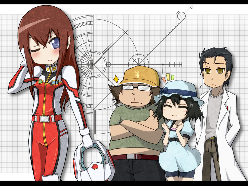 2girls ^_^ baseball_cap black_hair blue_eyes blush brown_hair christina_mackenzie christina_mackenzie_(cosplay) closed_eyes cosplay glasses gundam gundam_0080 hands_in_pockets hashida_itaru hat highres labcoat letterboxed long_hair makise_kurisu multiple_boys multiple_girls namesake netachou okabe_rintarou one_eye_closed pilot_suit shiina_mayuri short_hair steins;gate thumbs_up yellow_eyes