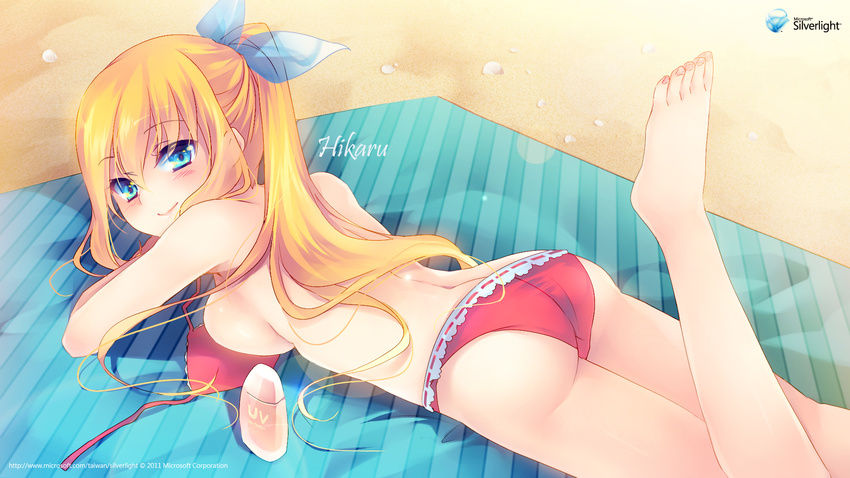 aizawa_hikaru ass beach bikini blonde_hair blue_eyes blush body_blush bow breasts eye_reflection hair_bow highres light_particles long_hair looking_back lotion medium_breasts microsoft official_art ponytail reflection sand sideboob silverlight smile solo summer sunscreen swimsuit unfastened watermark