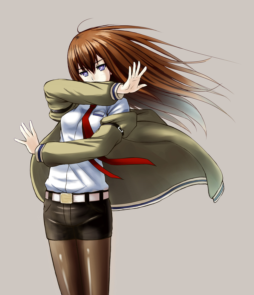 ahoge blue_eyes brown_hair highres jacket kotera_ryou legwear_under_shorts long_hair makise_kurisu necktie pantyhose pose purple_eyes red_neckwear shorts solo steins;gate