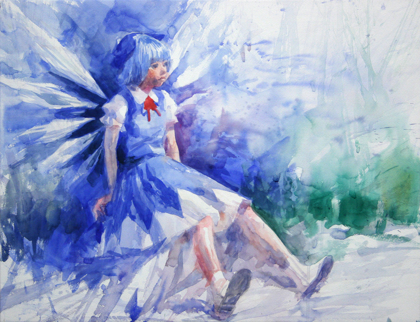 blue blue_dress blue_hair bow cirno dress hair_bow ice ice_wings misawa_hiroshi realistic sitting solo touhou traditional_media watercolor_(medium) wings