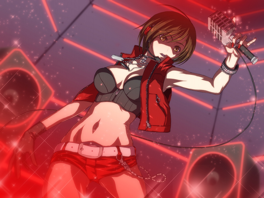 belt brown_eyes brown_hair denim denim_shorts gloves headset iga_tomoteru jacket jewelry meiko microphone midriff navel necklace open_clothes open_jacket shorts solo vocaloid