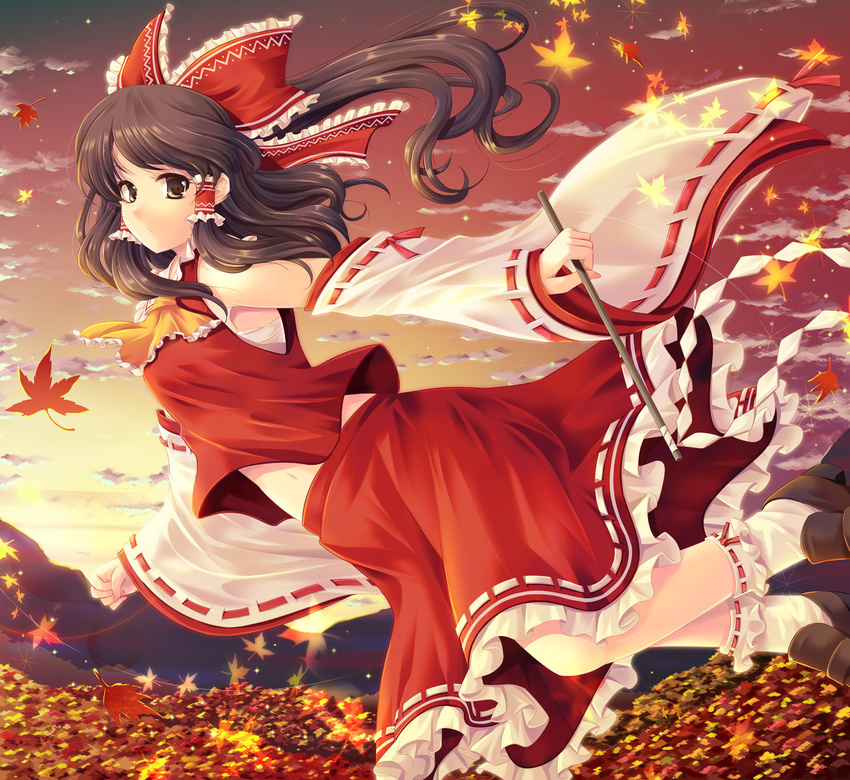 ascot bow brown_eyes brown_hair cetera detached_sleeves flying gohei hair_bow hakurei_reimu highres leaf long_hair maple_leaf midriff navel ponytail ribbon sarashi solo touhou