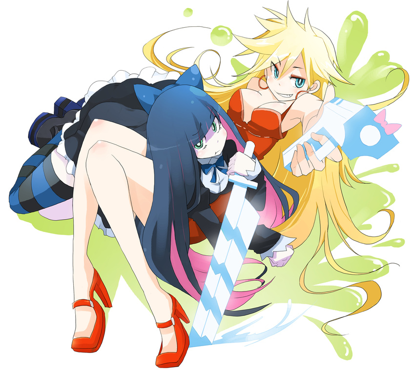 :t black_hair blonde_hair blue_eyes bow breasts cleavage dress earrings gun hair_bow jewelry legs long_hair medium_breasts multiple_girls panty_&amp;_stocking_with_garterbelt panty_(psg) red_dress shoes smile stocking_(psg) striped striped_legwear sword tansuke thighhighs very_long_hair weapon