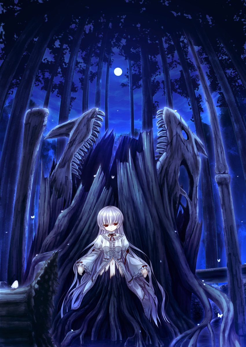 bug butterfly dress forest highres insect long_hair moon nature navel night original red_eyes solo tree very_long_hair white_hair yuku_(kiollion)