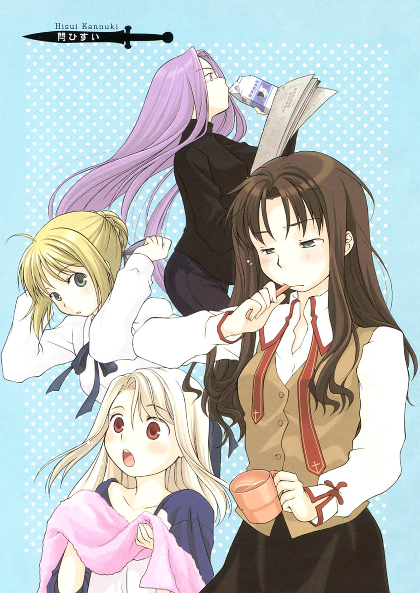 ahoge artoria_pendragon_(all) black_hair blonde_hair blue_eyes fate/stay_night fate_(series) green_eyes highres illyasviel_von_einzbern kannuki_hisui long_hair milk morning multiple_girls newspaper purple_eyes purple_hair raglan_sleeves red_eyes ribbon rider saber silver_hair toosaka_rin