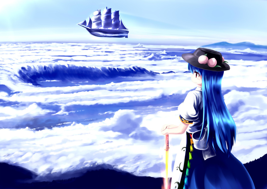 aircraft airship blue_hair cloud day food fruit hat highres hinanawi_tenshi long_hair palanquin_ship peach ship sky solo sword sword_of_hisou touhou tsubasa_(abchipika) watercraft weapon