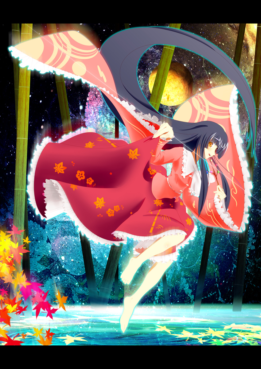 bad_id bad_pixiv_id bamboo bamboo_forest barefoot black_hair branch cuuri dress forest full_moon highres houraisan_kaguya japanese_clothes jeweled_branch_of_hourai letterboxed long_hair moon nature night solo star touhou very_long_hair water yellow_eyes