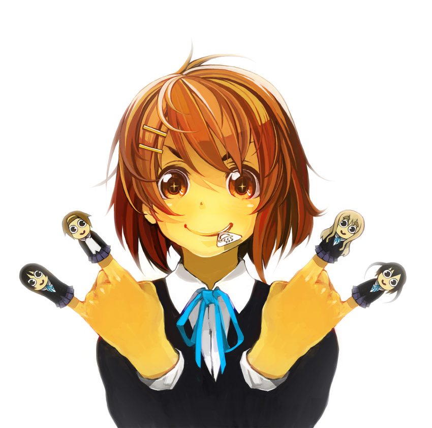 1girl \n/ akiyama_mio bow brown_eyes brown_hair commentary_request double_\n/ finger_puppet hair_ornament hairclip hirasawa_yui k-on! kotobuki_tsumugi mouth_hold nakano_azusa plectrum puppet short_hair solo tainaka_ritsu takuma_(largetakumamover)