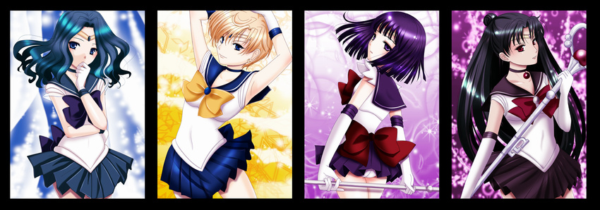 back_bow bishoujo_senshi_sailor_moon black_choker blue_choker blue_sailor_collar blue_skirt bow choker garnet_rod half_updo highres holding holding_staff inumori_sayaka kaiou_michiru magical_girl meiou_setsuna multiple_girls outer_senshi purple_sailor_collar purple_skirt red_bow sailor_collar sailor_neptune sailor_pluto sailor_saturn sailor_senshi sailor_senshi_uniform sailor_uranus short_hair skirt staff ten'ou_haruka tomoe_hotaru very_short_hair yellow_bow