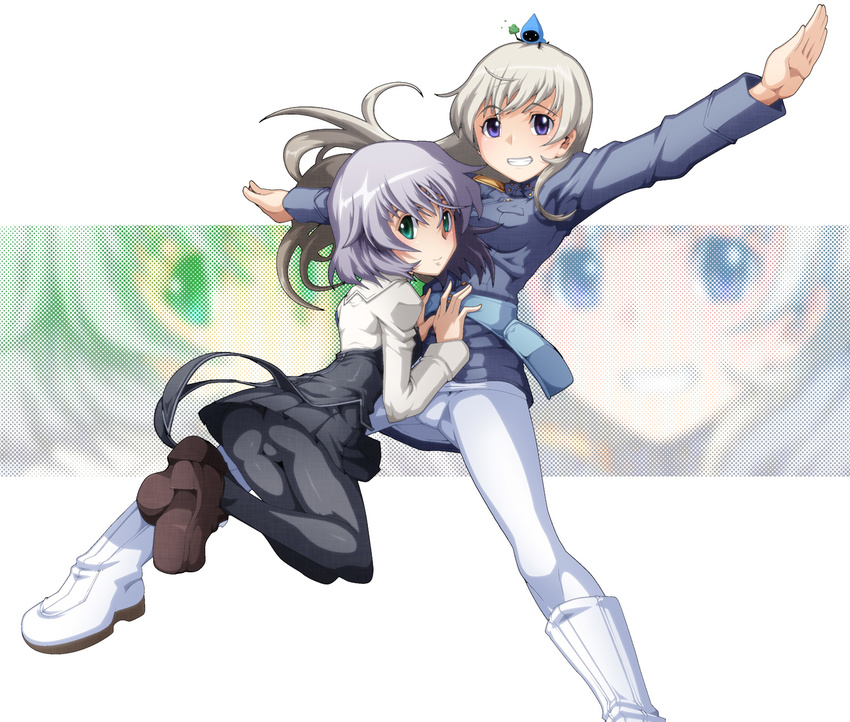 black_legwear blonde_hair blue_eyes eila_ilmatar_juutilainen green_eyes highres long_hair military military_uniform multiple_girls pantyhose sanya_v_litvyak short_hair silver_hair strike_witches tabigarasu tonttu uniform white_legwear world_witches_series zoom_layer