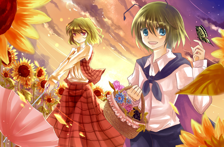 antennae bad_id bad_pixiv_id basket blue_eyes bug butterfly cape cloud flower green_hair highres insect kazami_yuuka long_skirt miyakure multiple_girls petals plaid plaid_skirt plaid_vest red_eyes red_skirt short_hair skirt skirt_set sky smile star_(sky) starry_sky sunflower sunset touhou umbrella vest wriggle_nightbug