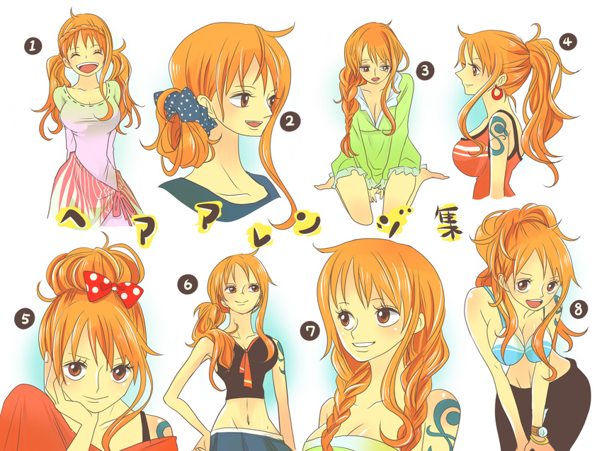 alternate_hairstyle bangle bikini_top blush bracelet braid breast_squeeze breasts brown_eyes closed_eyes earrings highres himerinco jewelry log_pose medium_breasts multiple_persona nami_(one_piece) one_piece orange_hair ponytail tattoo twin_braids twintails