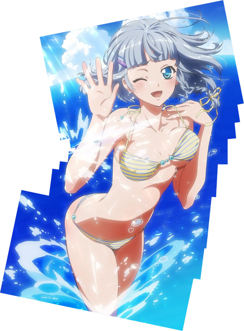 bikini day highres nishida_asako one_eye_closed screencap seolla_schweizer solo stitched striped striped_bikini super_robot_wars super_robot_wars_og_the_inspector super_robot_wars_original_generation swimsuit third-party_edit