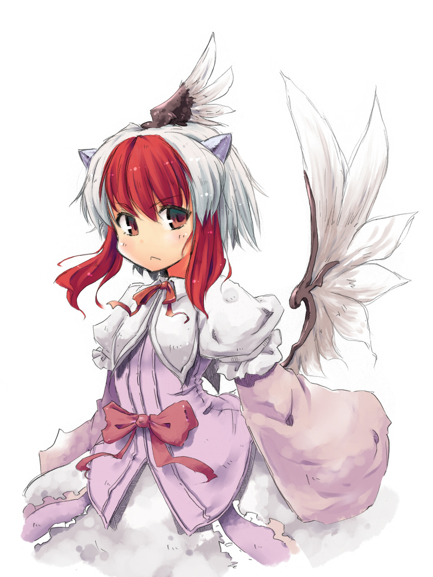 :&lt; alternate_color alternate_hair_color dress frown head_wings highres horns multicolored_hair okome_(kome_kuma) red_eyes red_hair short_hair simple_background single_head_wing solo staring tokiko_(touhou) touhou two-tone_hair white_hair wings