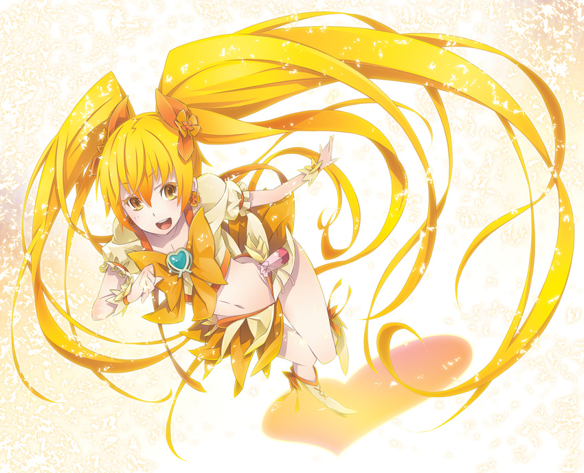 bad_id bad_pixiv_id blonde_hair boots bow cure_sunshine hair_ribbon heart heartcatch_precure! highres long_hair magical_girl midriff myoudouin_itsuki navel orange_bow orange_skirt precure ribbon skirt solo wrist_cuffs yamanami_kousuke yellow yellow_background yellow_eyes