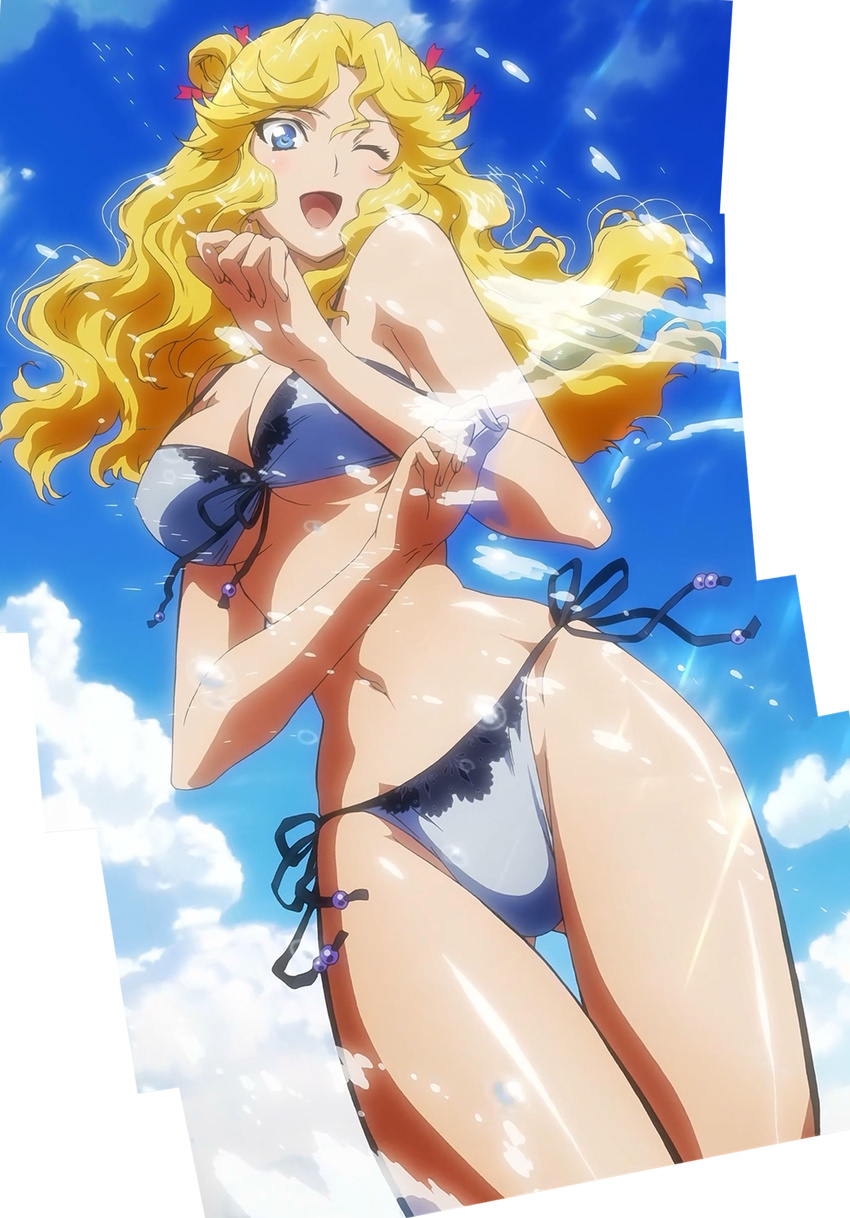 bikini blonde_hair breasts cleavage cloud day front-tie_top highres leona_garstein long_hair medium_breasts navel nishida_asako one_eye_closed screencap side-tie_bikini sky slender solo stitched super_robot_wars super_robot_wars_og_the_inspector super_robot_wars_original_generation swimsuit thigh_gap third-party_edit underboob