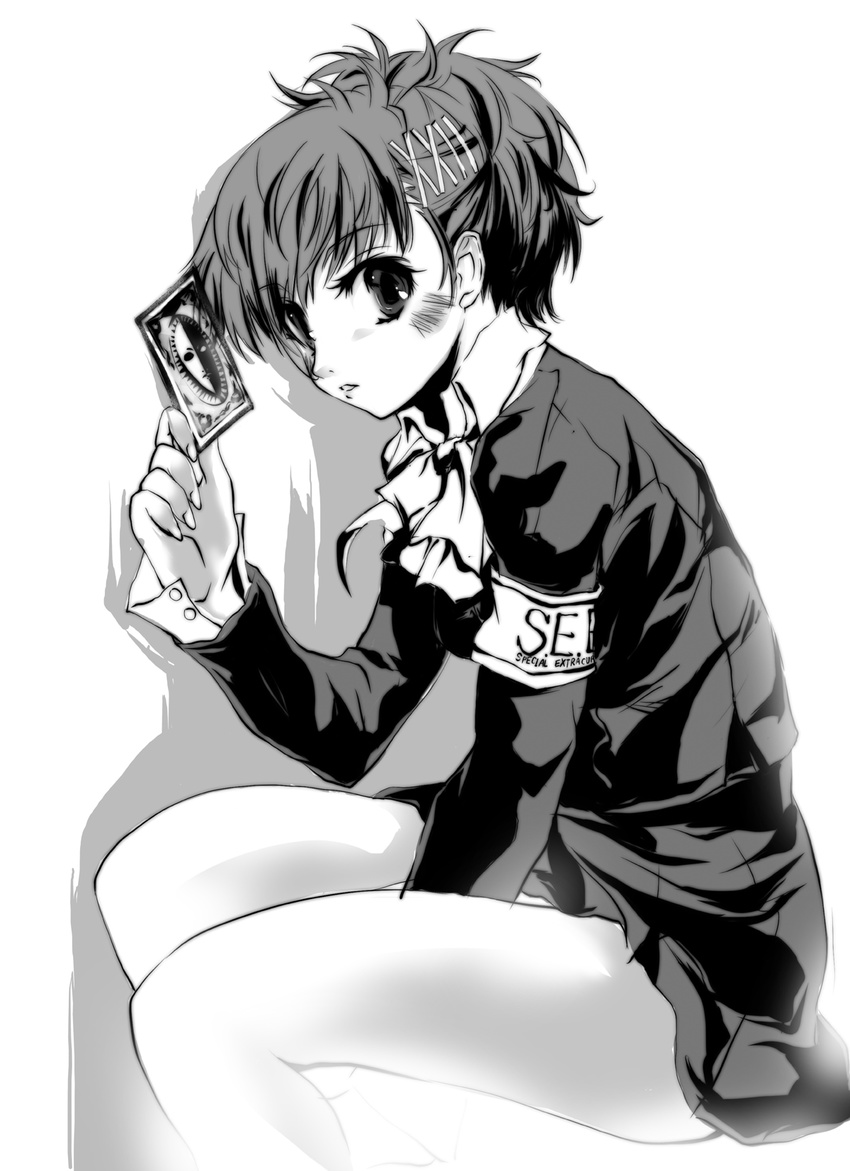 armband between_thighs blush female_protagonist_(persona_3) greyscale highres monochrome persona persona_3 persona_3_portable ribbon school_uniform solo squatting tarot wochi