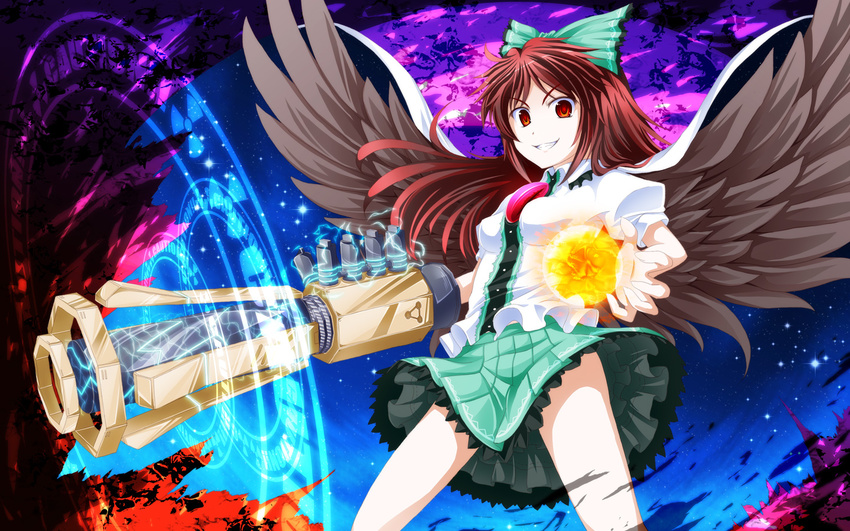 alternate_weapon arm_cannon bow brown_hair cape green_bow hair_bow long_hair red_eyes reiuji_utsuho solo third_eye touhou tri wallpaper weapon wings