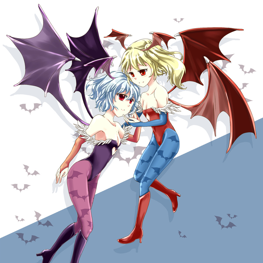 animal_print bare_shoulders bat_print bat_wings blonde_hair blue_hair cosplay flandre_scarlet flat_chest head_wings highres leotard lilith_aensland lilith_aensland_(cosplay) morrigan_aensland morrigan_aensland_(cosplay) multiple_girls pantyhose print_legwear purple_wings red_eyes red_leotard remilia_scarlet side_ponytail touhou vampire_(game) wings zatsumi