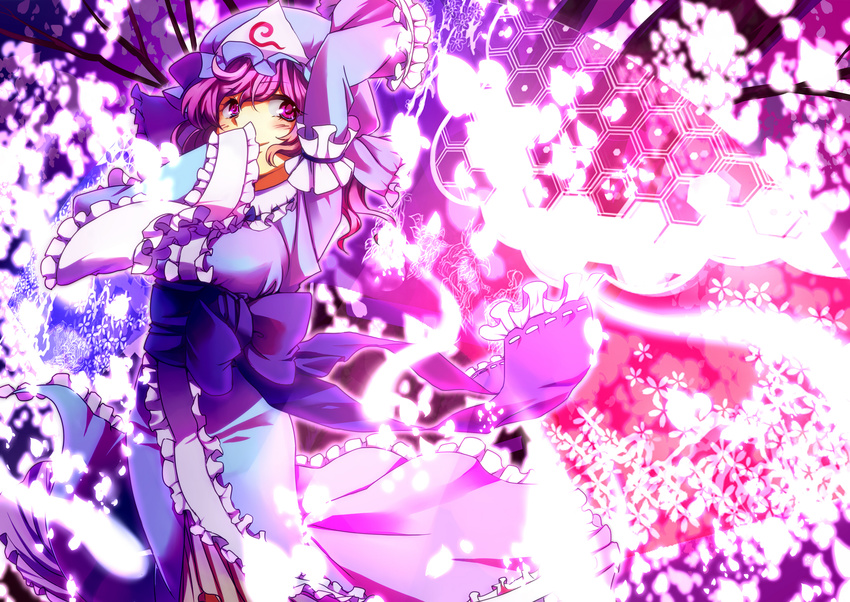 covering_mouth hand_over_own_mouth hat highres pink_eyes pink_hair saigyouji_yuyuko short_hair sleeves_past_wrists smile solo touhou zanunoneko