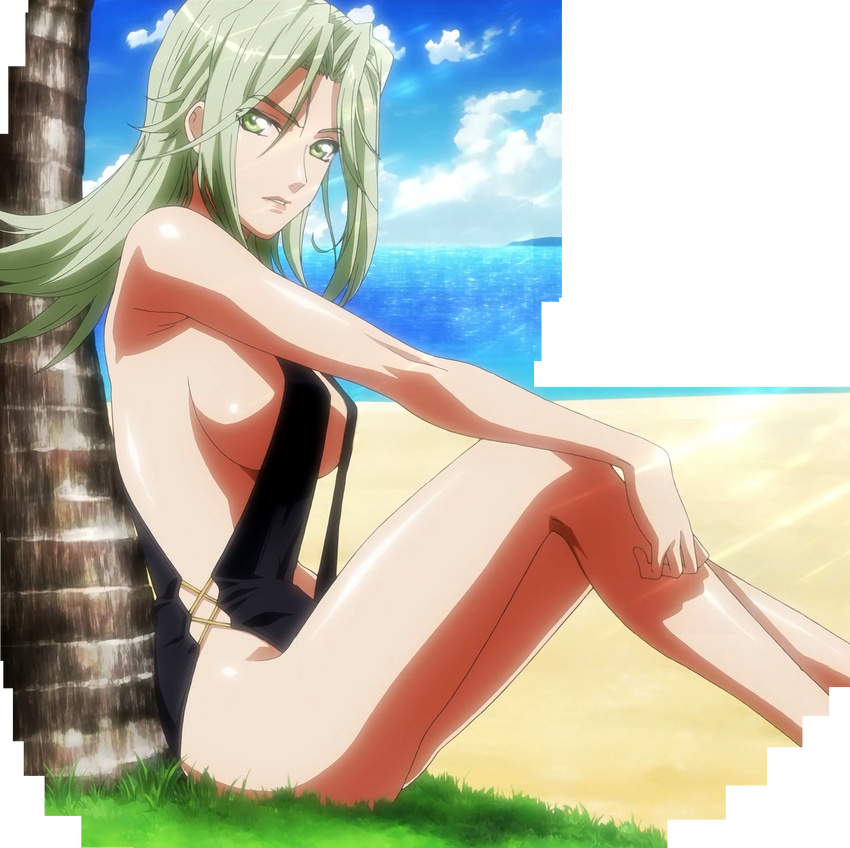 black_swimsuit breasts green_eyes green_hair highres lamia_loveless large_breasts legs long_legs one-piece_swimsuit parted_lips screencap sideboob sitting solo stitched super_robot_wars super_robot_wars_og_the_inspector super_robot_wars_original_generation swimsuit thighs third-party_edit tsunashima_shirou