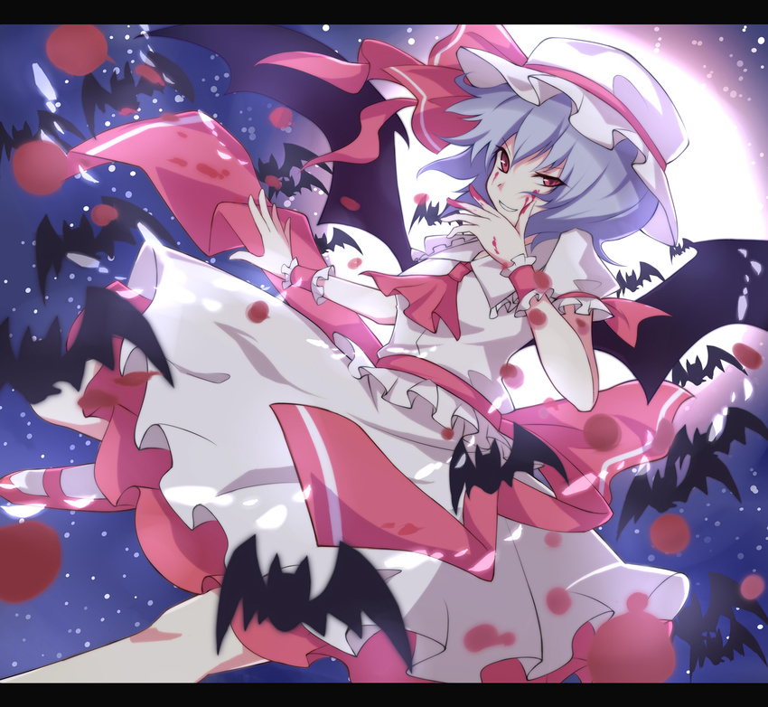 bad_id bad_pixiv_id bat bat_wings blood blue_hair hat highres itoo moon red_eyes remilia_scarlet short_hair solo touhou wings