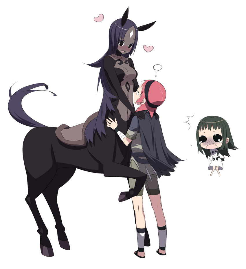 2girls agro bad_id bad_pixiv_id blush breasts centaur chibi chibi_inset dark_skin facial_mark forehead_mark green_hair heart highres hug jealous leg_lift long_hair medium_breasts mono monster_girl multiple_girls nude personification purple_hair saddle shadow_of_the_colossus tensugi_takashi wander