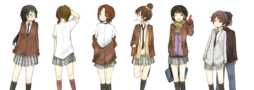 6+girls :d absurdres bad_id bad_pixiv_id bag black_hair blazer brown_eyes brown_hair from_behind glasses gloves hair_bobbles hair_ornament hairclip hand_in_pocket highres jacket kneehighs leg_up long_hair looking_back mouth_hold multiple_girls necktie off_shoulder one_eye_closed open_mouth original plaid plaid_scarf plaid_skirt pleated_skirt ponytail profile pun2 scarf school_uniform short_hair simple_background skirt sleeves_rolled_up smile standing striped sweat sweater twintails