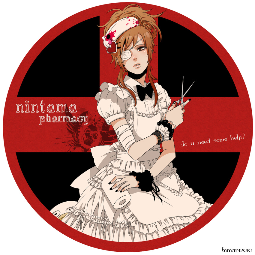 apron bandages black_nails blood bow bowtie bracelet brown_eyes brown_hair crossdressing dress eyepatch gothic_lolita hair_ornament hairclip heart jewelry lolita_fashion male_focus nail_polish nurse rakudai_ninja_rantarou scissors solo temari114 white_dress zenpouji_isaku