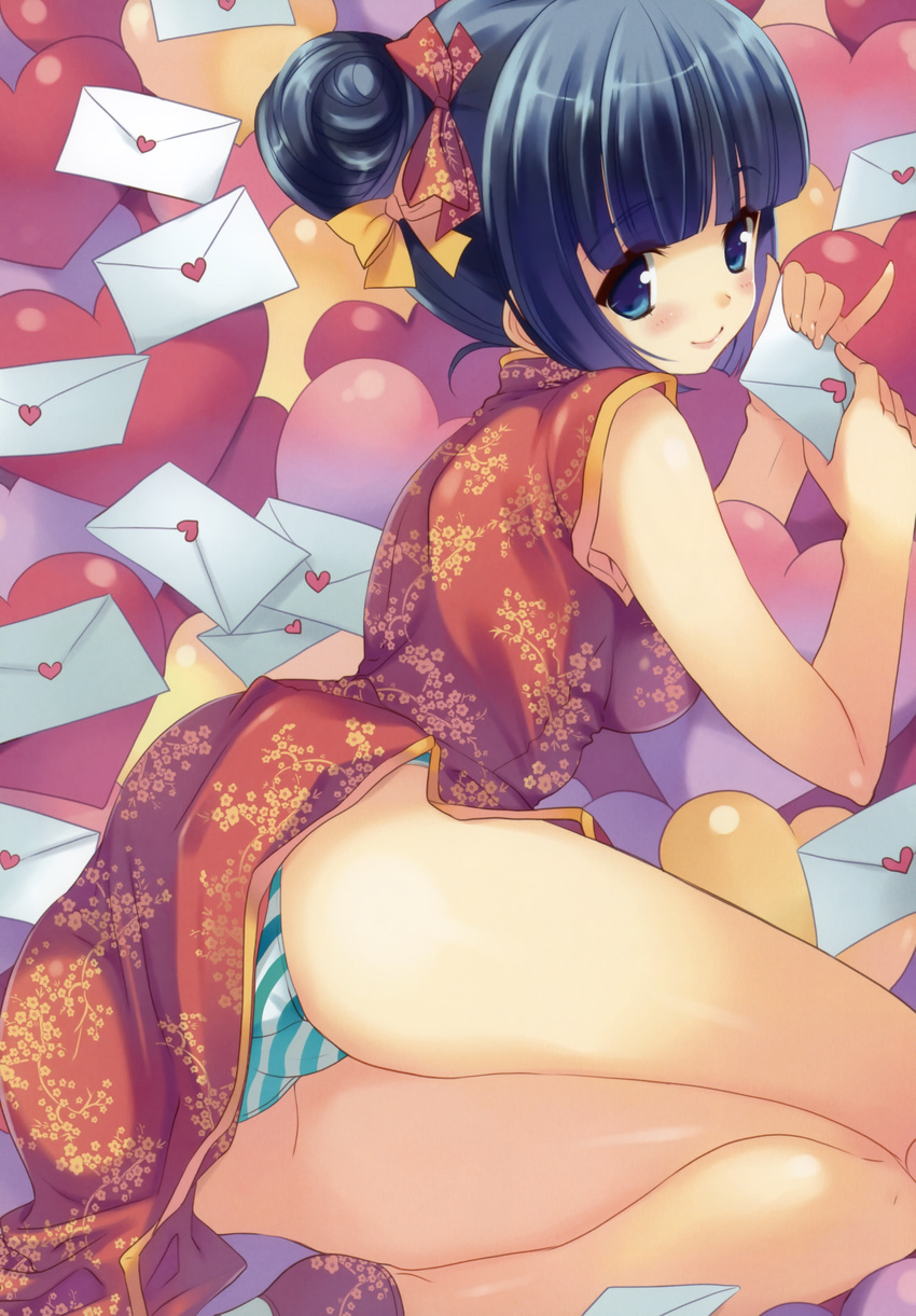 absurdres ass bangs black_hair blue_eyes blunt_bangs blush china_dress chinese_clothes dengeki_moeou dress floral_print from_behind heart highres letter looking_back love_letter lying on_side panties pinky_out qp:flapper sakura_koharu smile solo striped striped_panties underwear