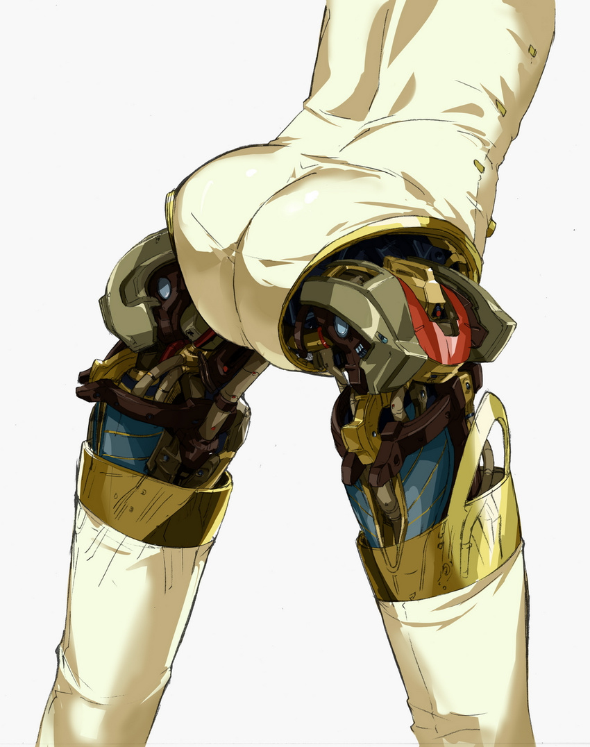 aegis_(persona) android ass back commentary_request highres leaning_forward legs_apart makacoon mechanical_legs mechanical_parts persona persona_3 simple_background solo standing thighhighs waist_down white_background white_legwear