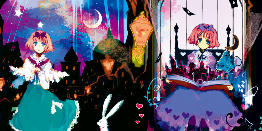 alice_in_wonderland alice_margatroid blonde_hair blue_eyes book bow bunny capelet card cat city dress falling_card hafuri hair_bow hair_ribbon heart highres moon plant ribbon star touhou tree vines