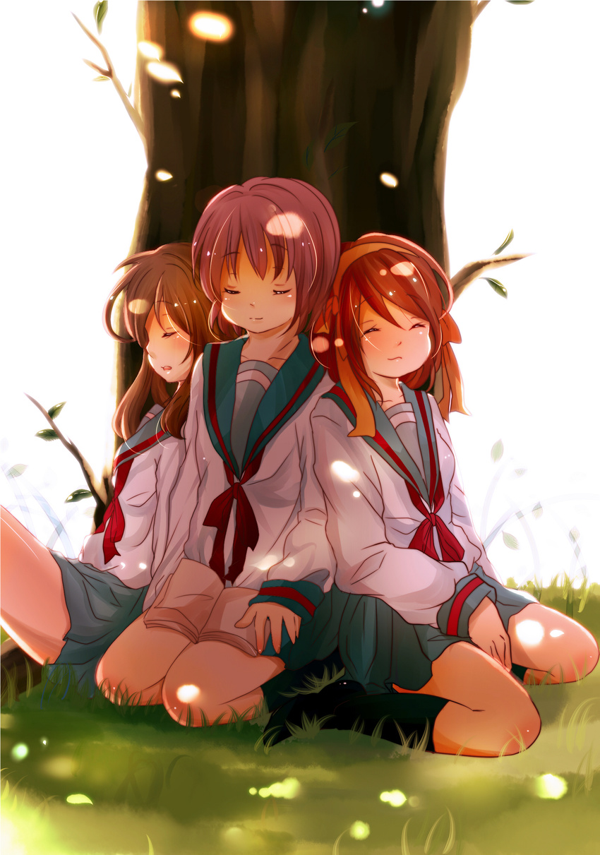 asahina_mikuru bad_id bad_pixiv_id brown_eyes brown_hair dappled_sunlight hairband highres kanamori_mao kita_high_school_uniform long_hair multiple_girls nagato_yuki school_uniform serafuku short_hair sleeping smile sunlight suzumiya_haruhi suzumiya_haruhi_no_yuuutsu tree