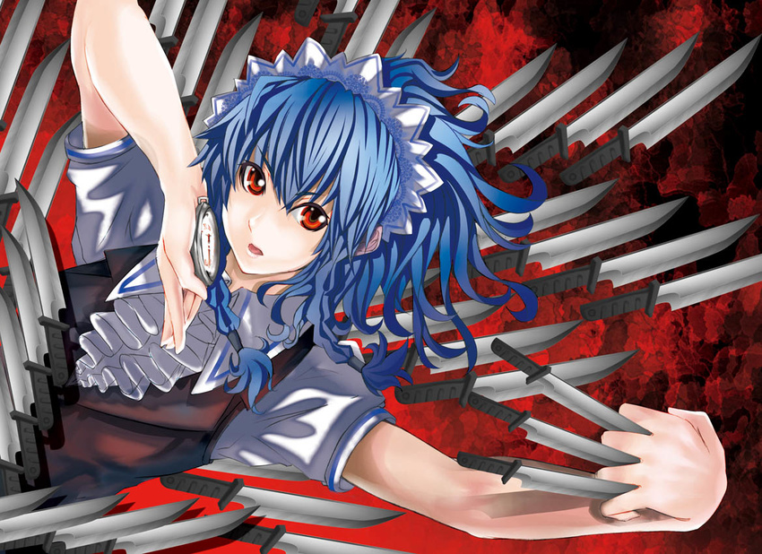 bad_id bad_pixiv_id braid izayoi_sakuya knife maid pocket_watch red_eyes ribbon short_hair silver_hair solo tenjiku_nezumi touhou twin_braids watch