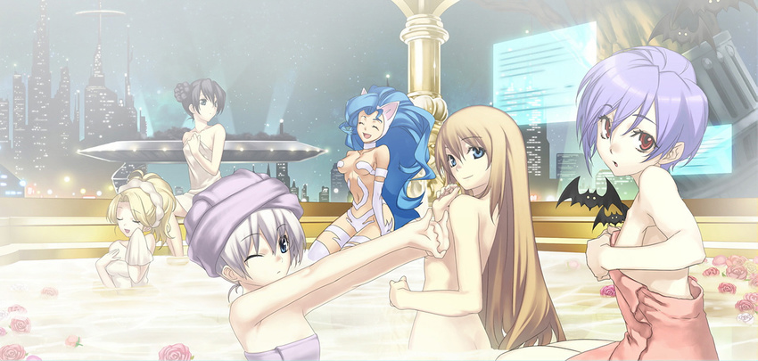 animal_ears ar_tonelico ar_tonelico_i atelier_(series) atelier_marie aurica_nestmile bat bath black_hair blonde_hair blue_eyes blue_hair breasts brown_hair brown_towel cat_ears censored cityscape closed_eyes convenient_arm convenient_censoring cross_edge crossover eyebrows_visible_through_hair felicia flat_chest flower game_cg green_eyes hair_between_eyes hair_bun hirano_katsuyuki lilith_aensland long_hair marie_(atelier) medium_breasts misha_arsellec_lune multiple_crossover multiple_girls naked_towel nude one_eye_closed petals petals_on_liquid purple_hair purple_towel red_eyes red_towel rose rose_petals short_hair shurelia small_breasts smile towel vampire_(game) water white_towel
