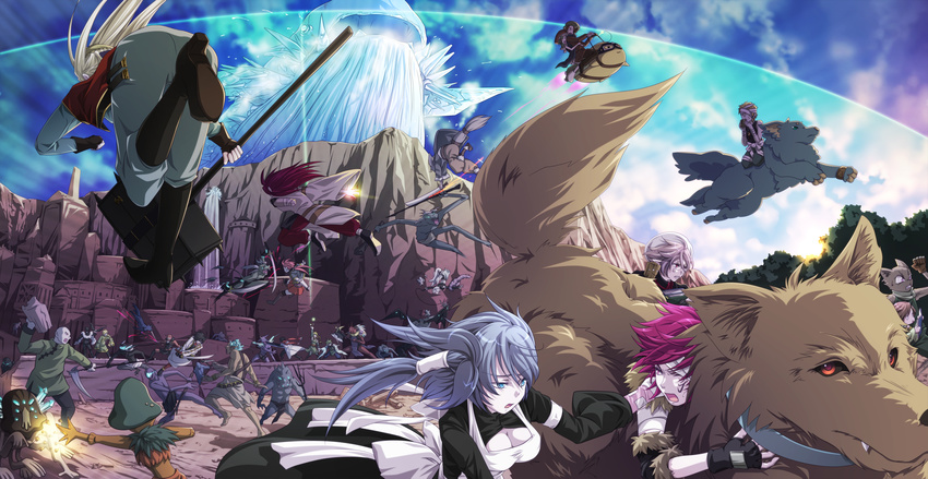 6+girls absurdres amputee axe bad_id bad_pixiv_id battle book copyright_request demon dog glasses group_battle highres karasu_roku multiple_boys multiple_girls sword weapon