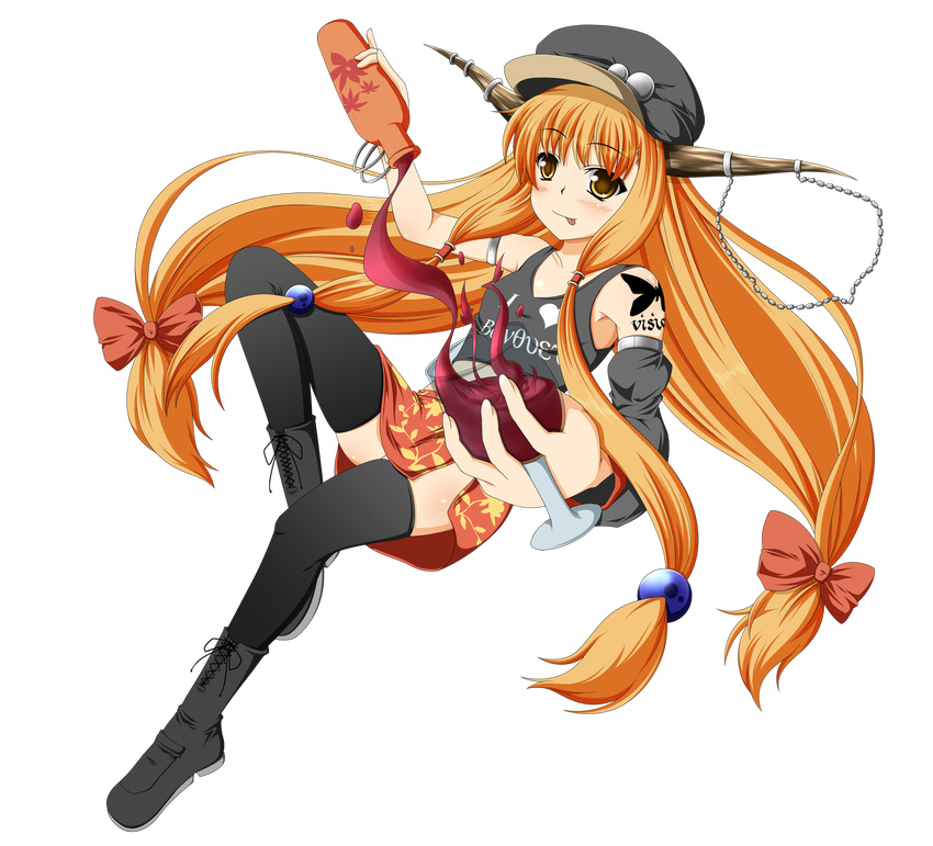 alternate_costume bad_id bad_pixiv_id cupping_glass decantering full_body hair_tubes hat highres horns ibuki_suika long_hair orange_hair pouring solo thighhighs touhou transparent_background yellow_eyes yua_(checkmate)