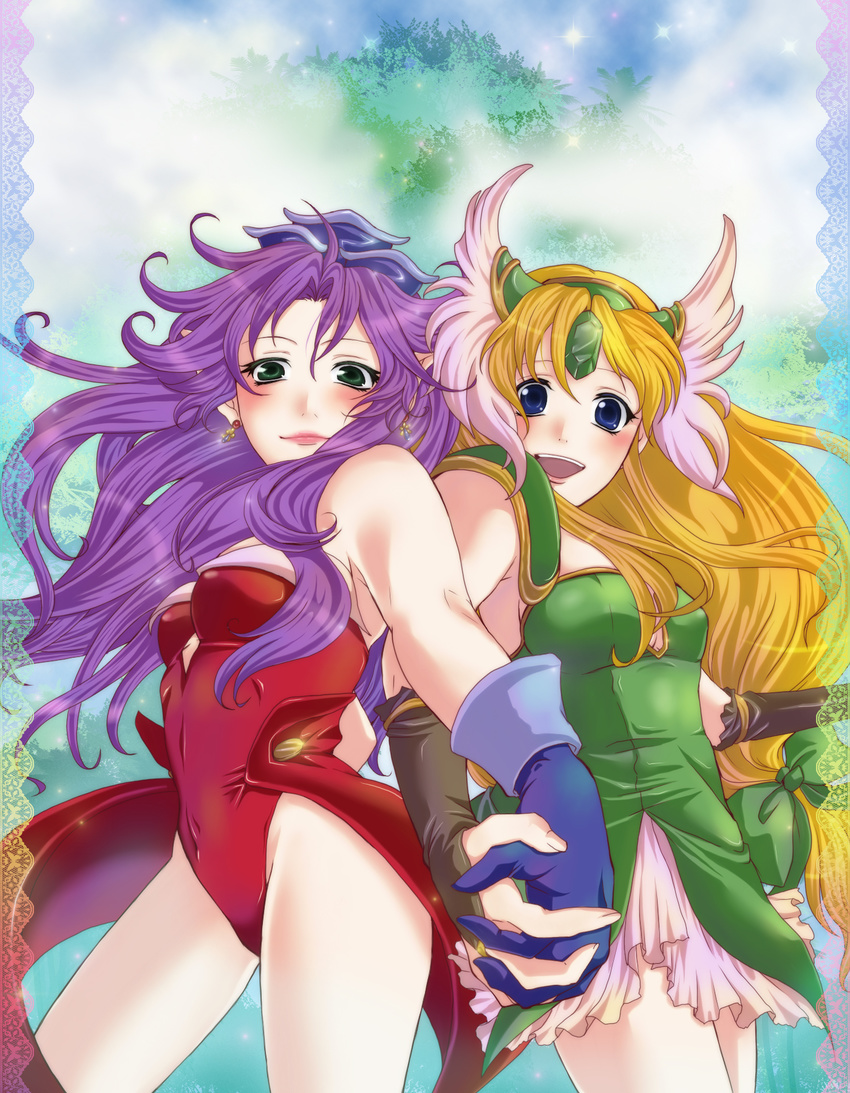 angela_(seiken_densetsu_3) blonde_hair covered_navel earrings gloves hat highres holding_hands jewelry leotard lion_(macross_frontier) long_hair low-tied_long_hair macross macross_frontier multiple_girls open_mouth parody purple_hair red_leotard riesz seiken_densetsu seiken_densetsu_3 smile suiju_mana very_long_hair