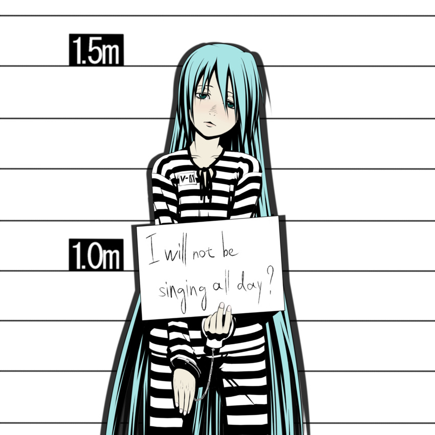 :&lt; alternate_hairstyle antuku blue_eyes blue_hair bored cuffs english frown handcuffs hatsune_miku highres long_hair mugshot prison prison_clothes shirt sign sign_holding solo striped striped_shirt tsukuan very_long_hair vocaloid