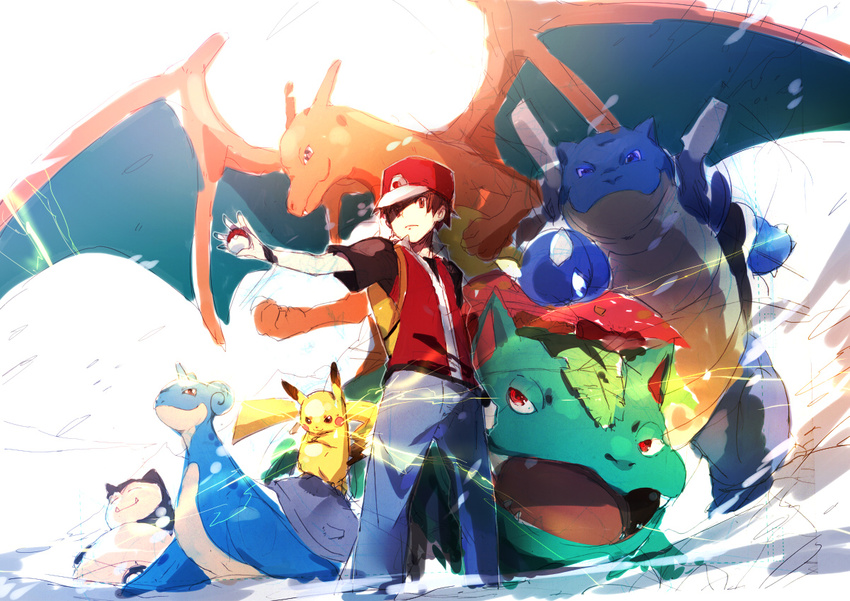 alternate_costume bad_id bad_pixiv_id blastoise blue_wings brown_hair charizard electricity gen_1_pokemon hat holding holding_poke_ball lapras outstretched_arm pikachu poke_ball pokemon pokemon_(creature) pokemon_(game) pokemon_frlg pokemon_hgss red_(pokemon) red_(pokemon_frlg) red_eyes sketch snorlax ume_(plumblossom) venusaur wings