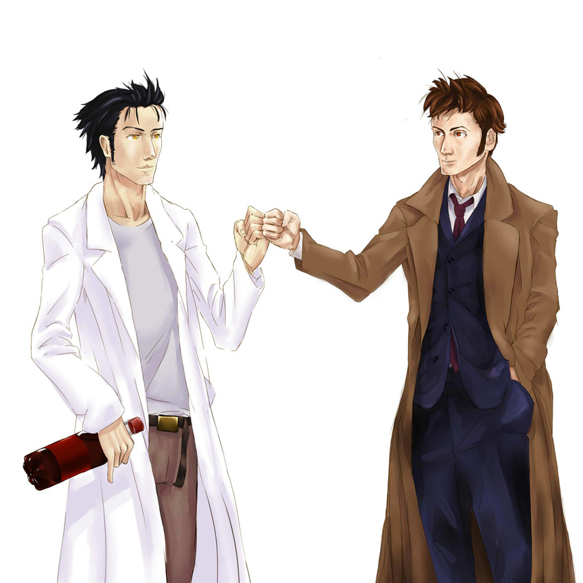 arantheus bottle coat crossover doctor_who dr_pepper fist_bump formal highres labcoat male_focus multiple_boys necktie non-web_source okabe_rintarou steins;gate suit tenth_doctor the_doctor trait_connection