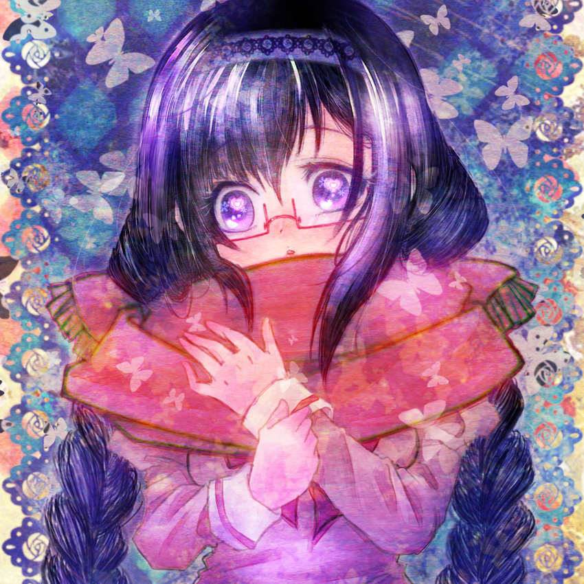 akemi_homura bahun_uni black_flower black_hair black_rose braid bug butterfly flower glasses highres insect long_hair mahou_shoujo_madoka_magica multicolored multicolored_rose purple_eyes red-framed_eyewear red_flower red_rose revision rose scarf school_uniform solo spoilers symbol-shaped_pupils twin_braids upper_body white_flower white_rose