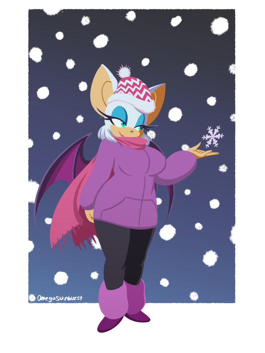 2018 absurd_res anthro black_nose boots breasts chiropteran clothed clothing eyelashes eyeshadow female footwear fully_clothed fur green_eyes half-closed_eyes hat hi_res lipstick makeup mammal omegasunburst rouge_the_bat scarf signature snow snowflake solo sonic_(series) sweater video_games white_fur wings