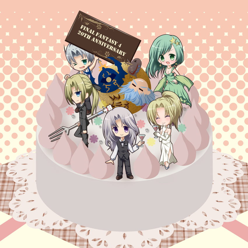 2girls 5boys beard black_ribbon blonde_hair blue_eyes bow bow_tie bowtie cain_highwind cake cecil_harvey chibi cup dress dress_shirt edward_geraldine elbow_gloves eyes_closed facial_hair female final_fantasy final_fantasy_iv food fork formal fusuya glass gloves golbeza green_eyes green_hair grey_hair hair_ornament happy helmet highres long_hair male mikan_yuzu multiple_boys multiple_girls one_eye_closed open_mouth pants ponytail purple_eyes ribbon rosa_farrell rydia shirt sign smile vest white_gloves white_shirt wine_glass wink yuzuki_(white_snow)