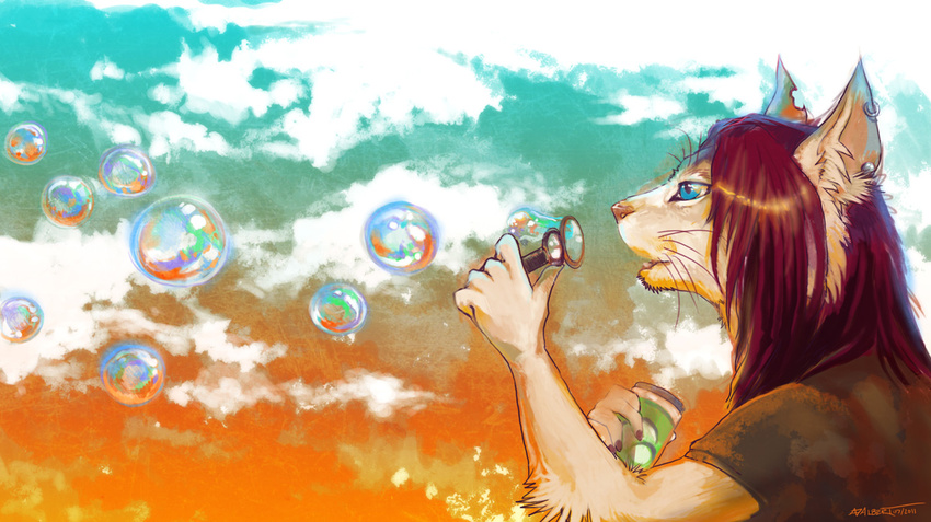 16:10 2011 blowing blue_eyes bubbles cat clouds feline female lavacat piercing purple_hair sky solo torn_ear white widescreen xainy_(character)