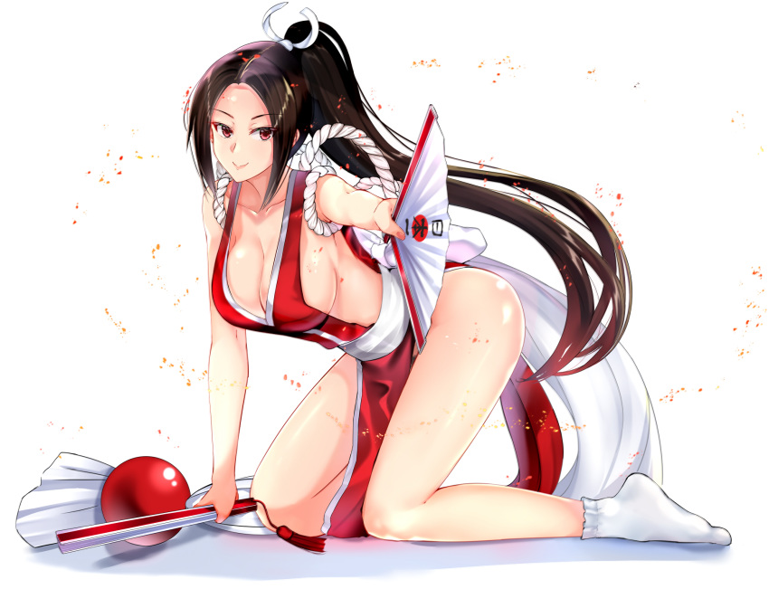 aliasing bow breasts brown_hair cleavage fan fatal_fury japanese_clothes king_of_fighters long_hair mukatsukulsp ponytail red_eyes rope shiranui_mai sideboob socks