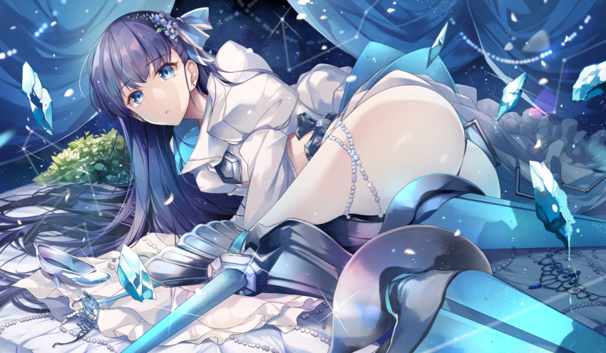 1girl armored_boots ass beads blue_eyes blue_hair blurry boots crystal curtains depth_of_field fate/grand_order fate_(series) glint high_heels hirai_yuzuki juliet_sleeves light_particles long_hair long_sleeves looking_at_viewer looking_back lying meltlilith on_side parted_lips plant puffy_sleeves revealing_clothes shoes_removed silver_footwear solo thighs tiara very_long_hair