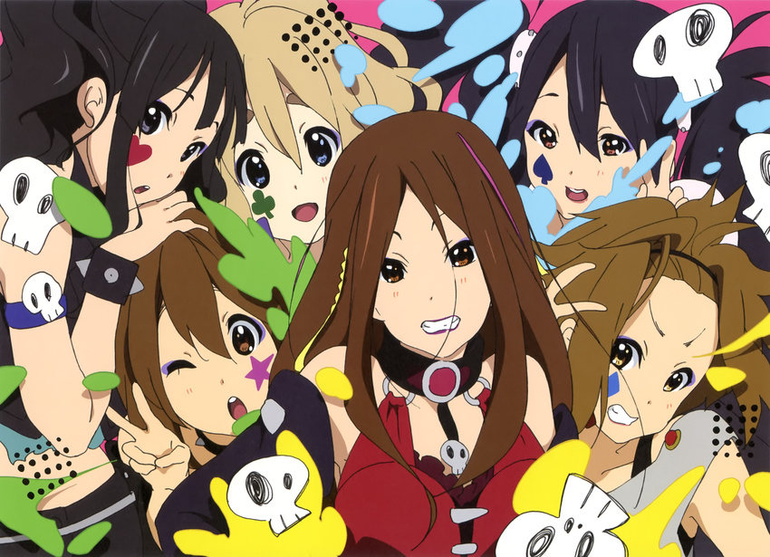 absurdres akiyama_mio alternate_costume black_eyes black_hair blonde_hair blue_eyes brown_eyes brown_hair death_devil facepaint highres hirasawa_yui k-on! kotobuki_tsumugi long_hair multiple_girls nakano_azusa non-web_source one_eye_closed tainaka_ritsu v yamanaka_sawako